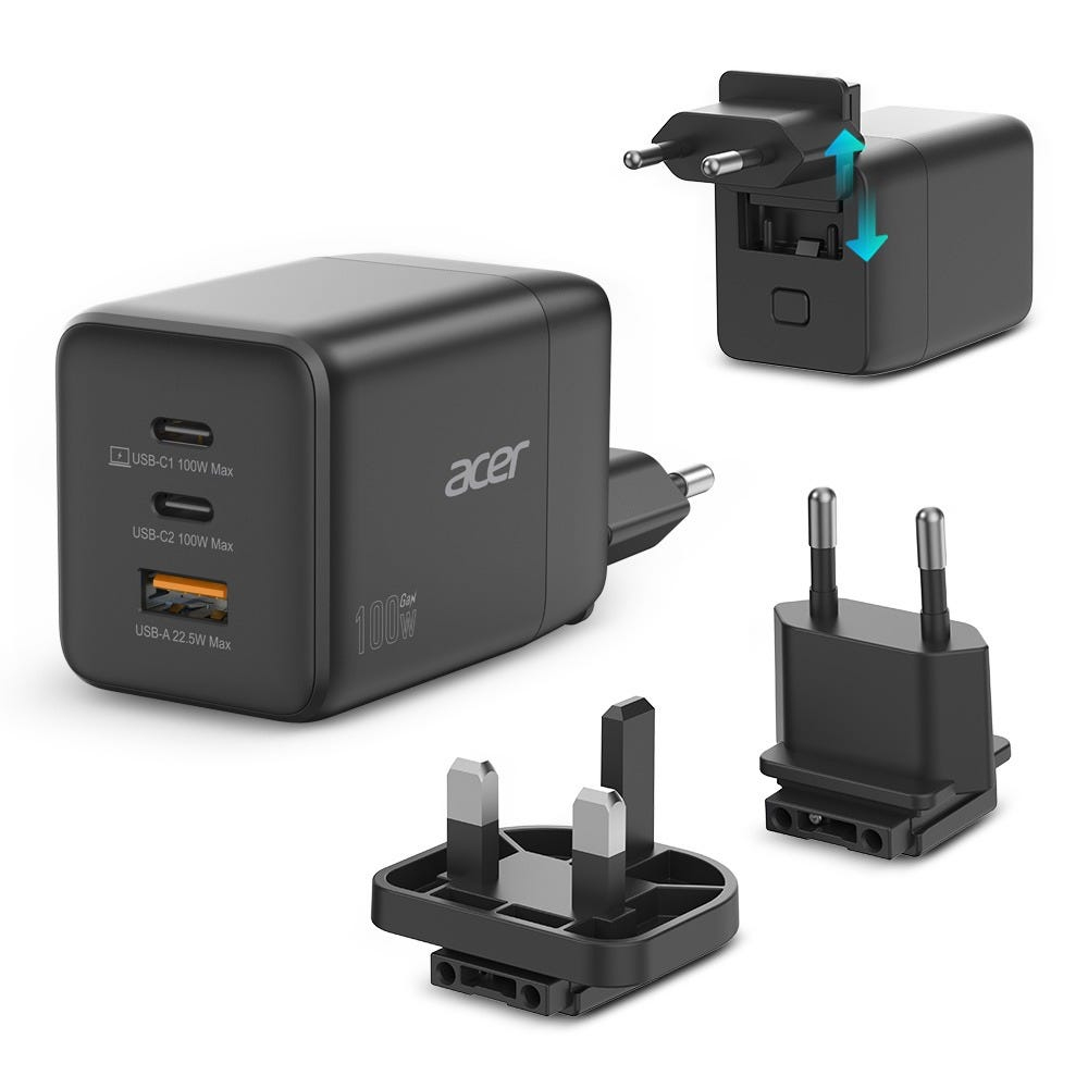 Acer GaN 100w 2 x USB-C + 1x USB-A ports. black